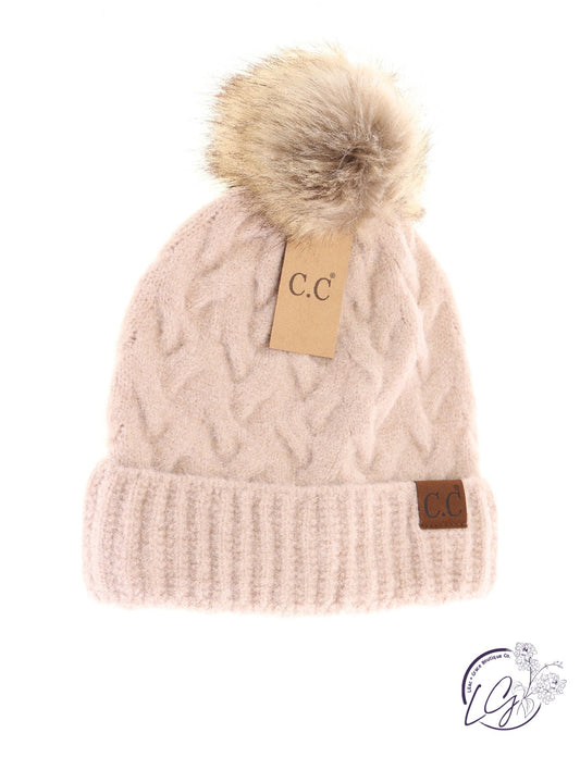 Chunky Braided Cable Knit Fur Pom CC Beanie