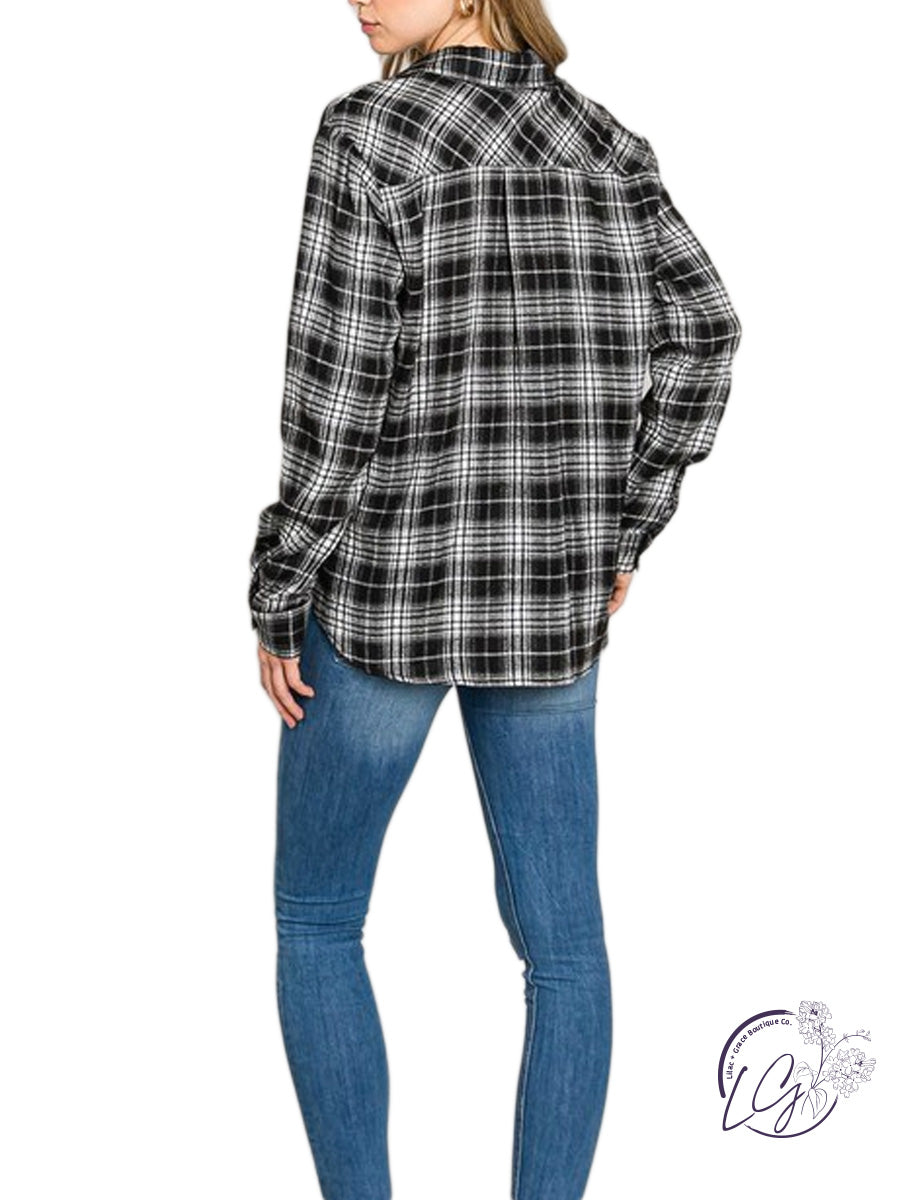 Soft Plaid Button-Down Shirt with Bust Pockets