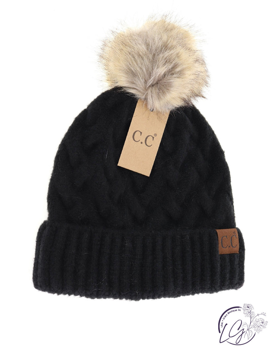 Chunky Braided Cable Knit Fur Pom CC Beanie