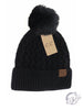 Woven Cable Knit Cuffed Matching Fur Pom CC Beanie