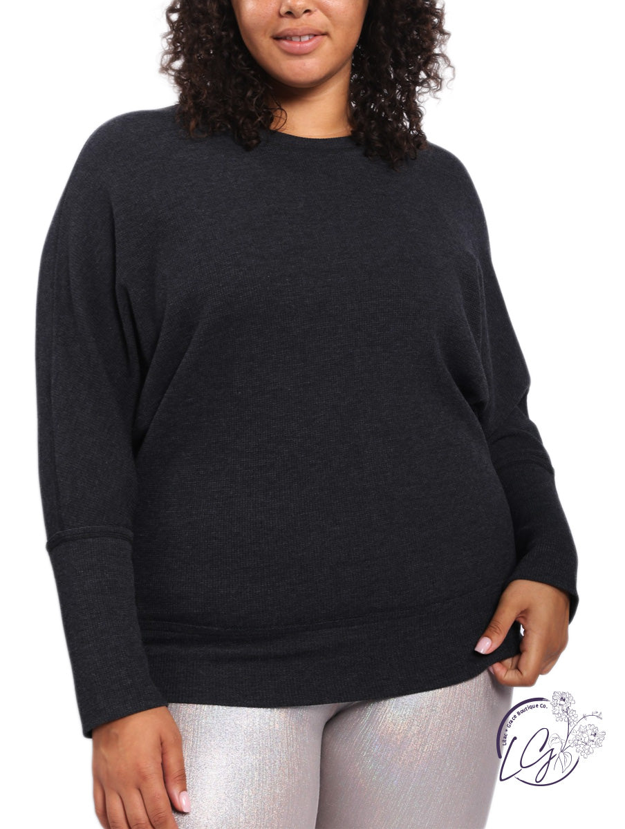 Curvy Waffle-Knit Pullover with Dolman Sleeves