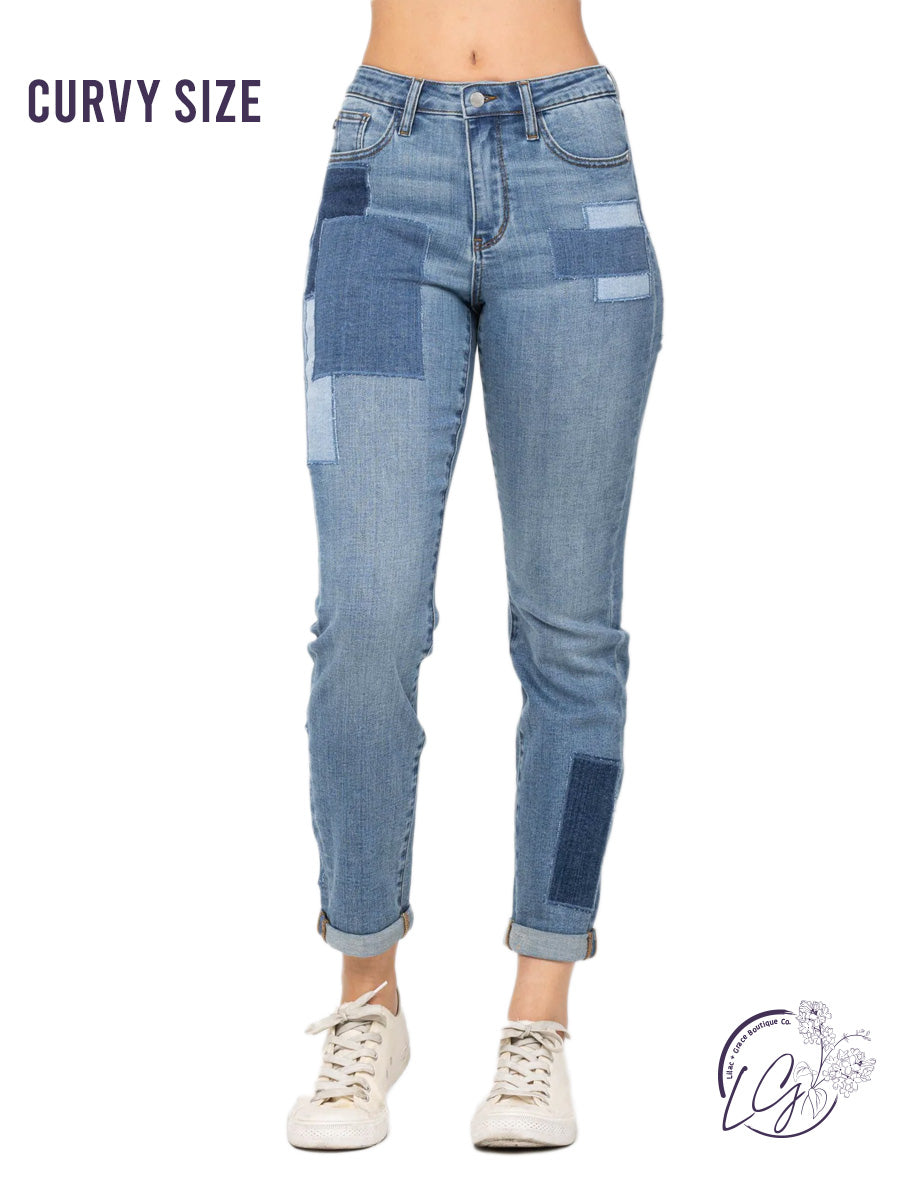 Curvy Eliza High-Rise Patched Boyfriend by Judy Blue