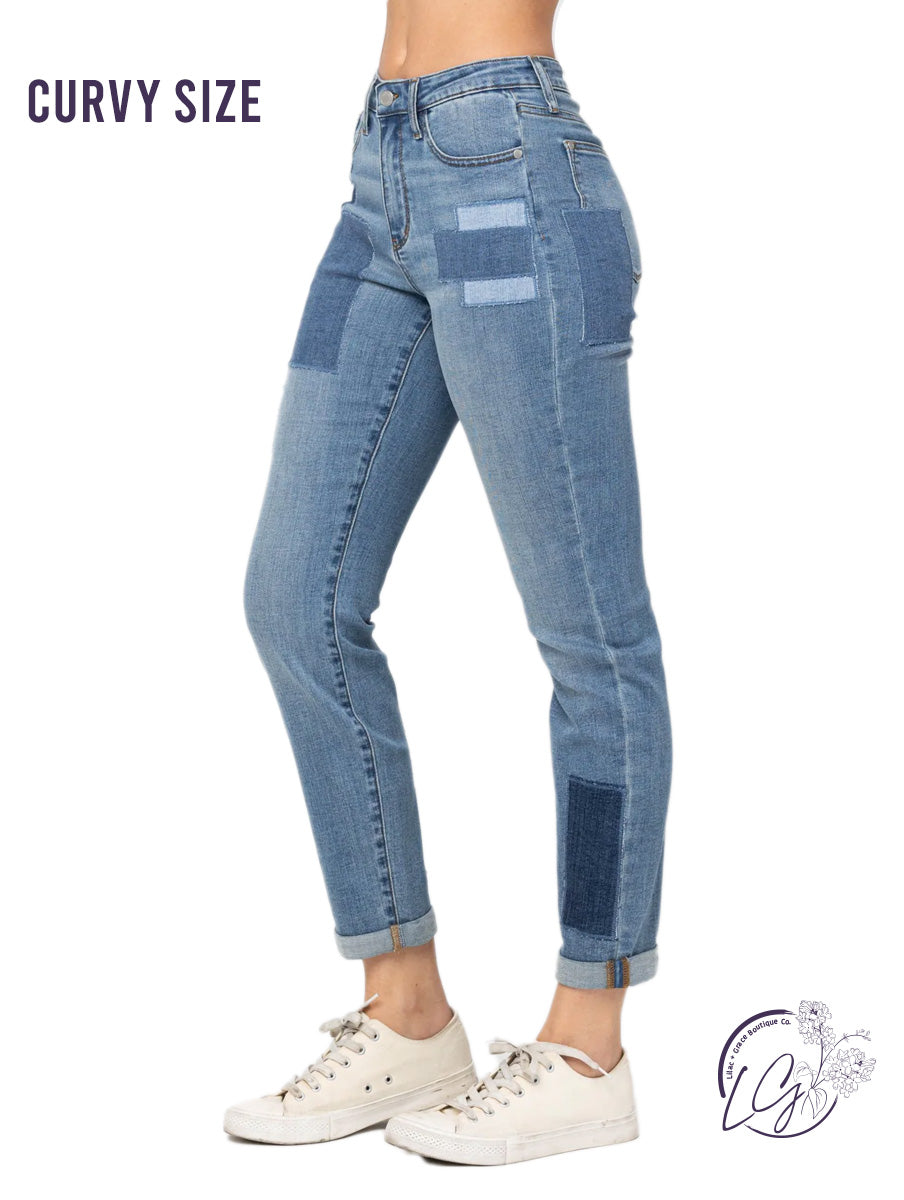 Curvy Eliza High-Rise Patched Boyfriend by Judy Blue