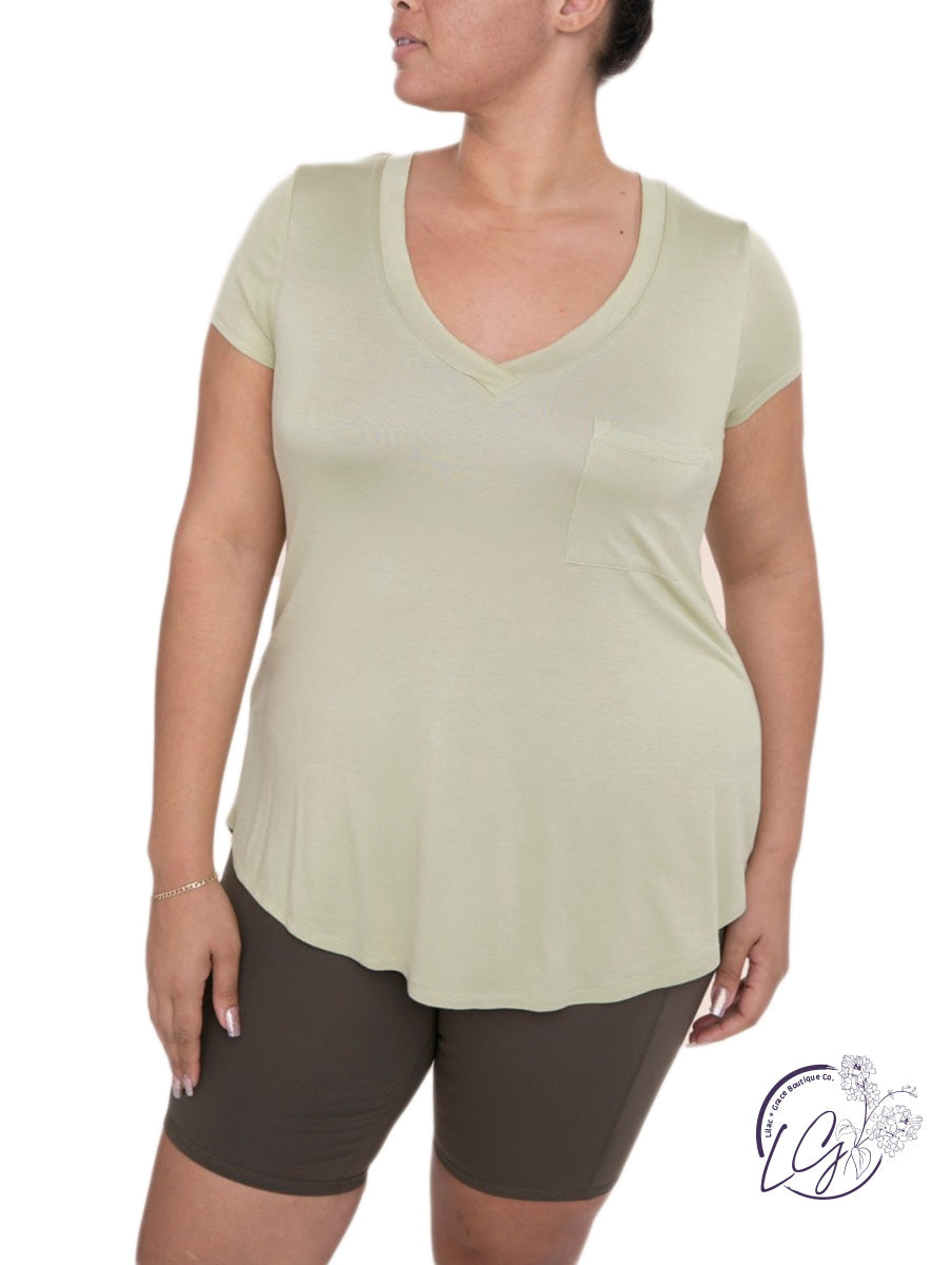 Curvy Longline Deep V-Neck Pocket Shirt