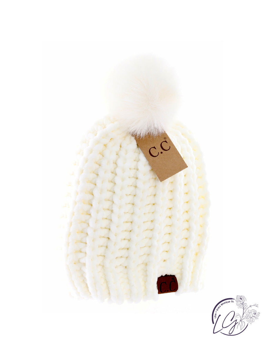 Chenille Chunky Knit Faux Fur Pom CC Beanie