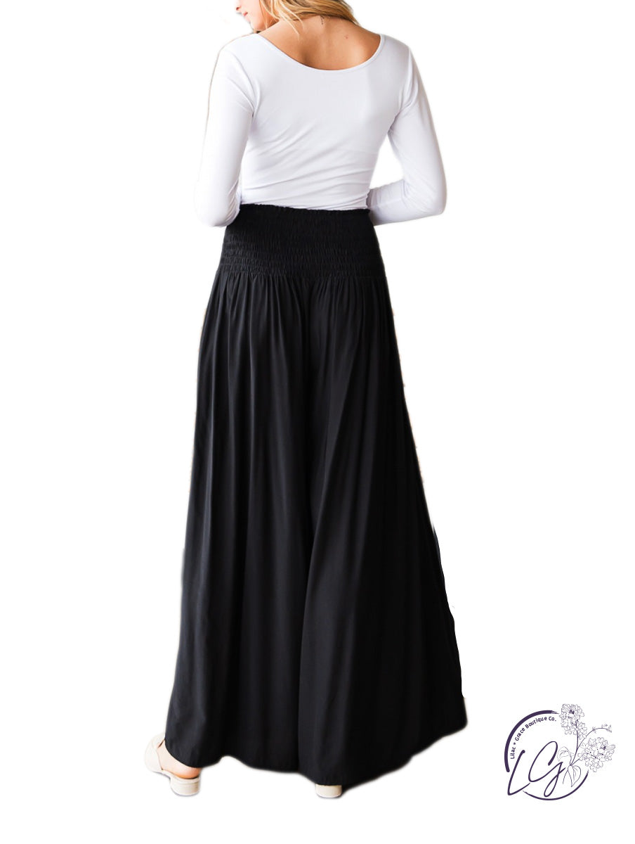 Smocked Elegance Wide-Leg Trousers