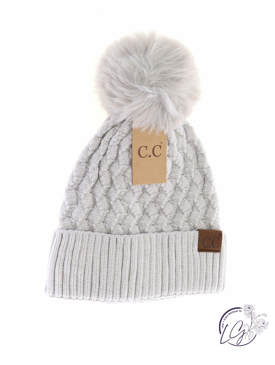 Woven Cable Knit Cuffed Matching Fur Pom CC Beanie