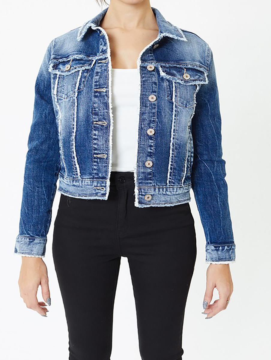 Malia Frayed Denim Jacket by KanCan