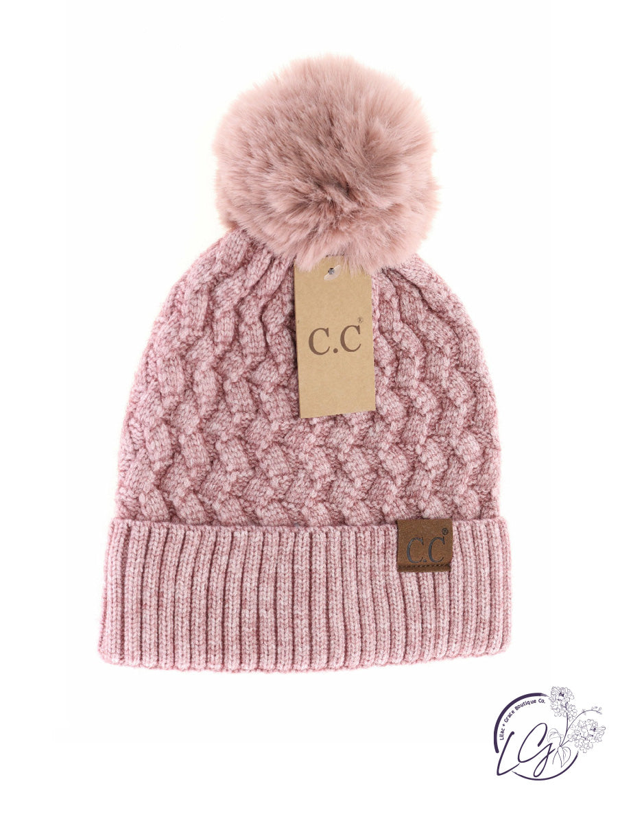 Woven Cable Knit Cuffed Matching Fur Pom CC Beanie