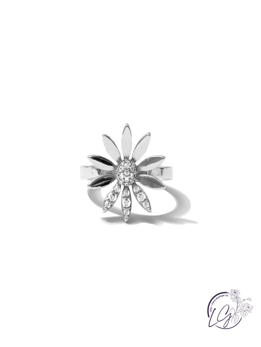 Flower With CZ Accent Adjustable Ring