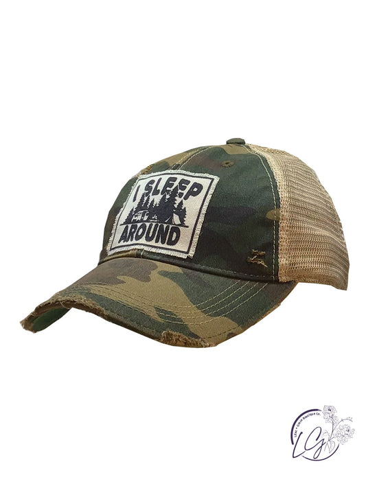 I Sleep Around Camo Distressed Trucker Hat