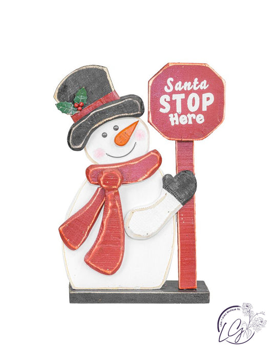 Santa Stop Here Wood Snowman