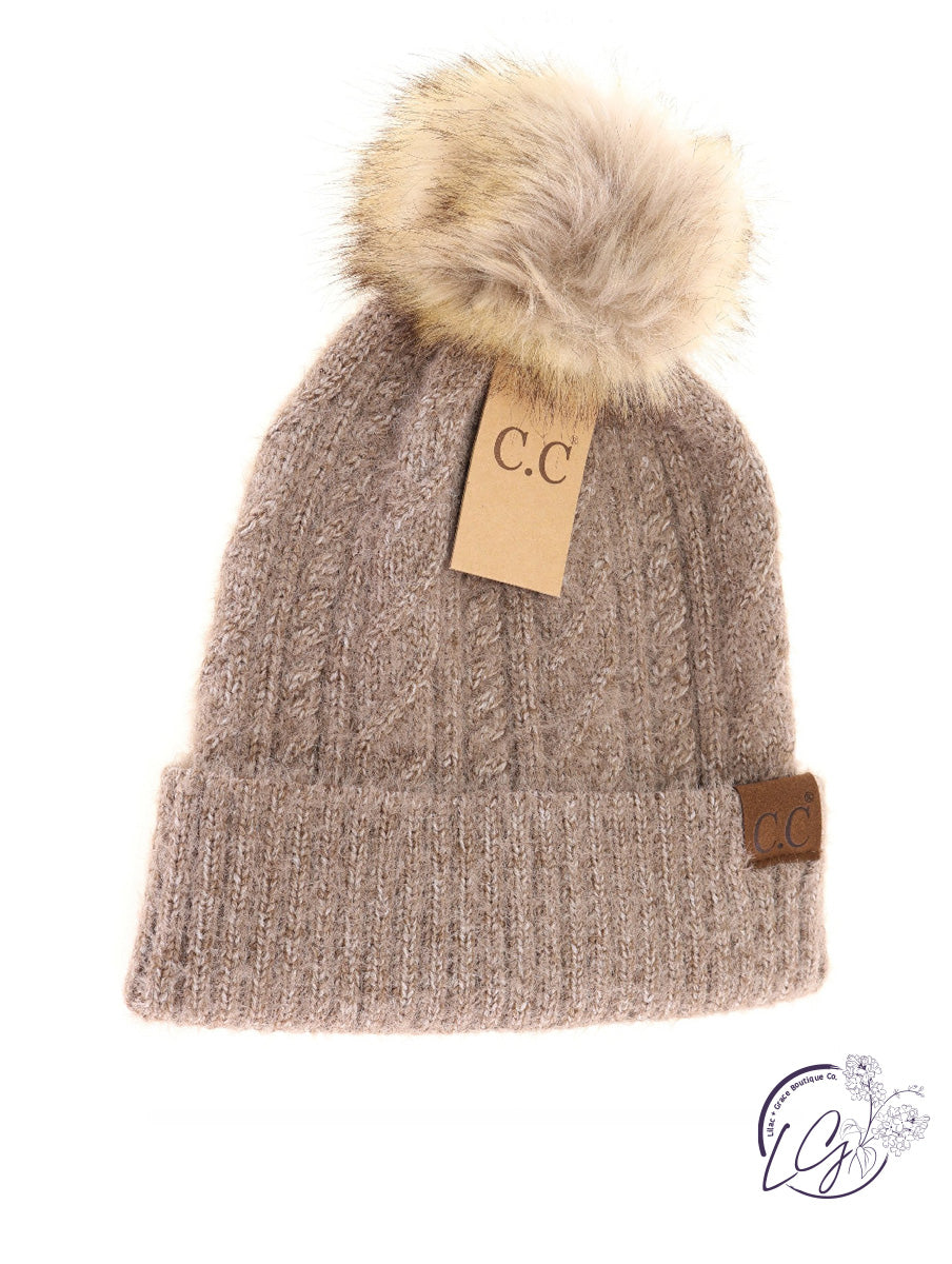 Soft Cuff Cable Knit Fur Pom CC Beanie