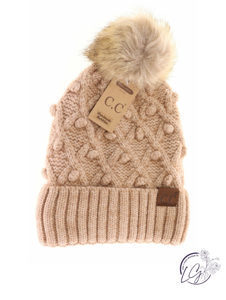 Bobble Knit Fur Pom CC Beanie