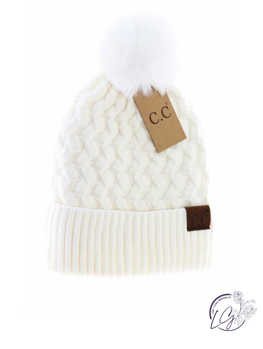 Woven Cable Knit Cuffed Matching Fur Pom CC Beanie