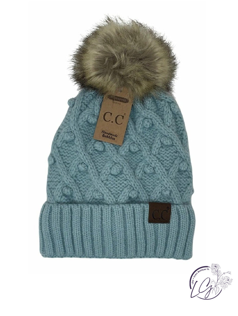 Bobble Knit Fur Pom CC Beanie